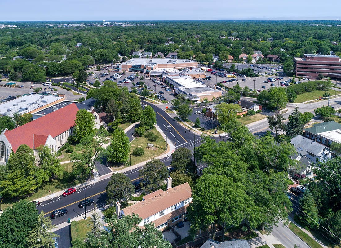 Northbrook, IL - Aerial View of a Business District With Stores, a Church and Shopping Center in Downtown Northbrook, IL